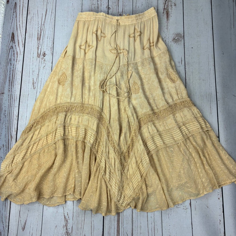Papillon Los Angeles Beige Embroidered Lace Tiered Boho Maxi Skirt Medium